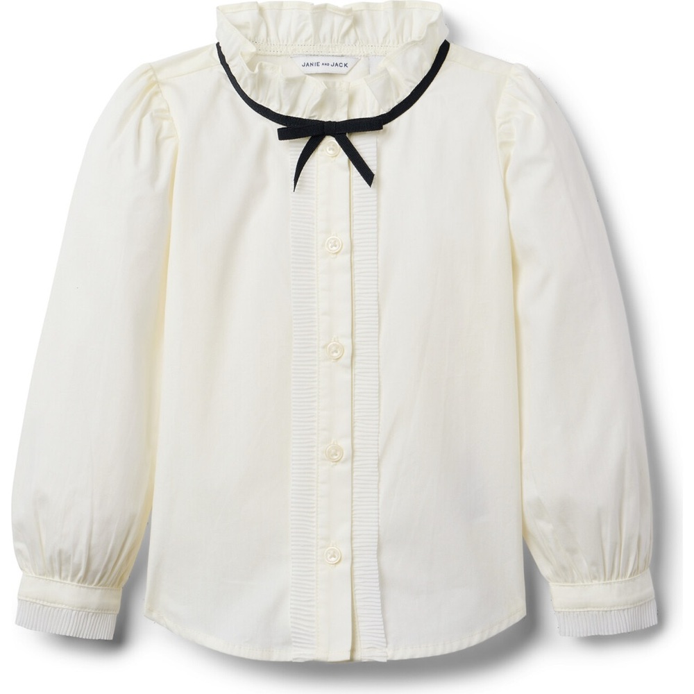 Janie and Jack Pleated Trim Ruffle Collar Ribbon Buttoned Top Ivory Size 7